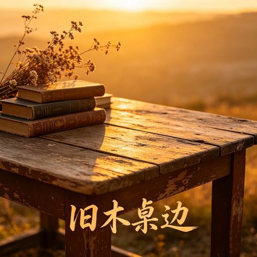 旧木桌边