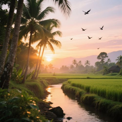 Pastel Sunrise Village Scene cover art